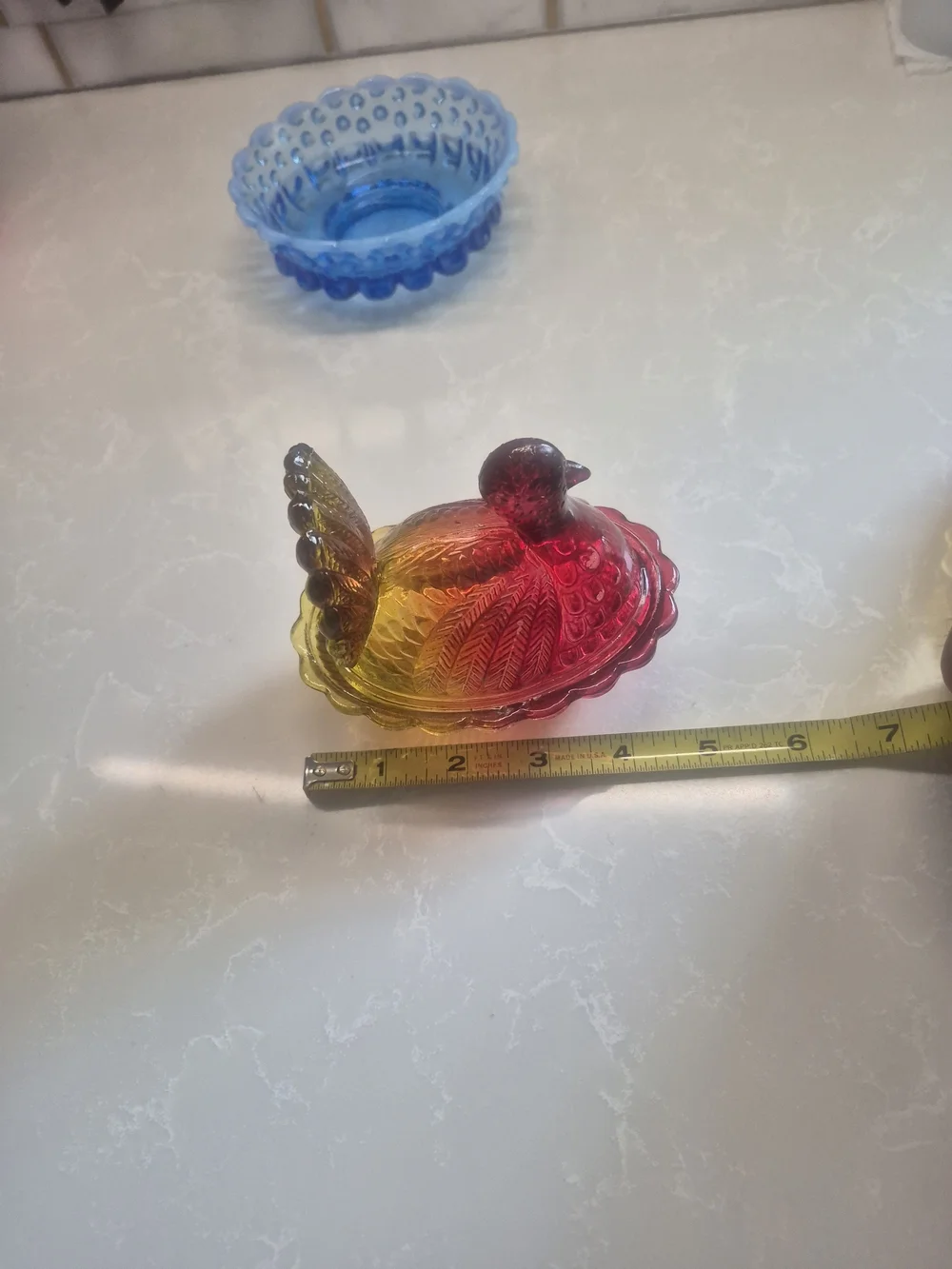 Hen On Basket Decorative Glass Bird Trinket Dish - Red & Yellow